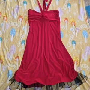 B. Darlin Red Short Halter Dress W Black Tulle Under Womens Size 7/8 Prom Formal